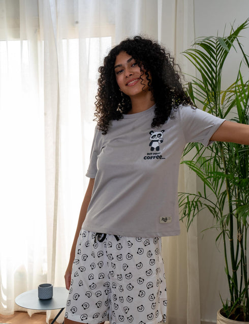 Women summer pajama set Grey Tee + Pandas shorts